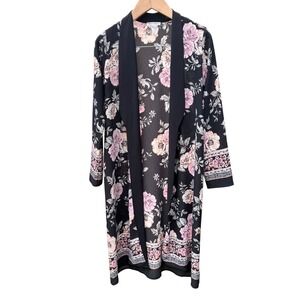 Miley + Molly Floral Duster Cardigan Womens M/L Black Pink Long Sleeve Open